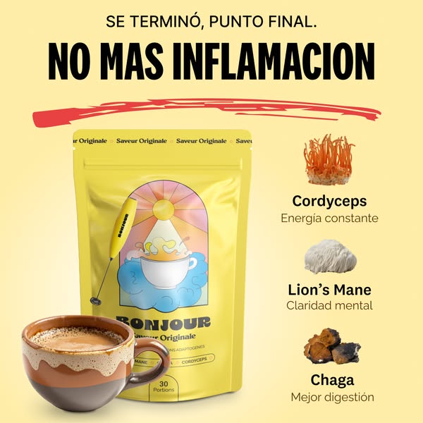 This ad highlights the anti-inflammation benefits of a tea product with adaptogens such as cordyceps, lion's mane, a
