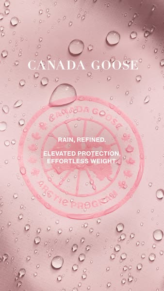 This image ad for Canada Goose features a close up of the brand's logo on a jacket with water droplets on the jacket