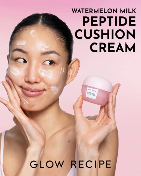 This ad features a woman with cream applied to her face, showing the product in use. It highlights the 'Watermelon M