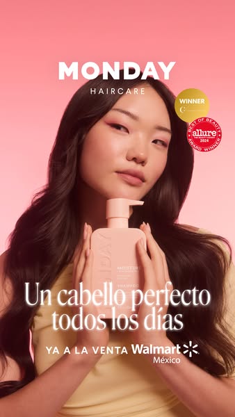 An ad for Monday Haircare shampoo. It features an image of an Asian woman holding a bottle of the shampoo in front of he