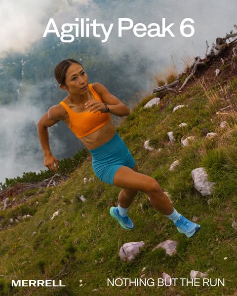 This ad features the Merrell Agility Peak 6 trail running shoes. The shot emphasizes the theme of trail running by showi