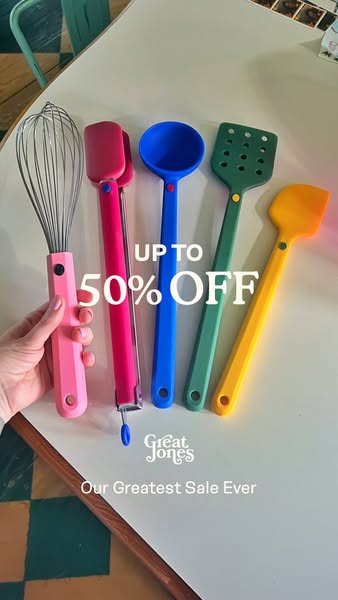 This ad promotes a sale on Great Jones kitchen utensils, offering up to 50% off. The ad features a variety of colorful u