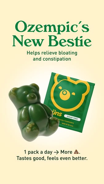 This image ad promotes Üns Greens Gummies as a solution for bloating and constipation, humorously positioning them as &q