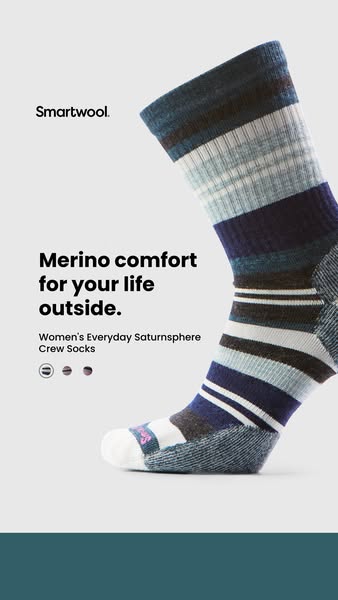 This ad features Smartwool's Women's Everyday Saturnsphere Crew Socks and is designed to highlight their merino 
