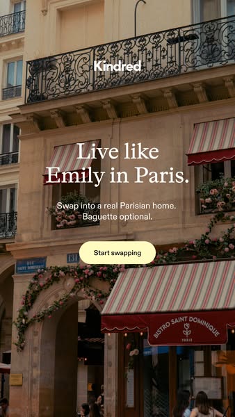 This image ad for Kindred uses the popular show "Emily in Paris" to entice users to swap homes with real Paris