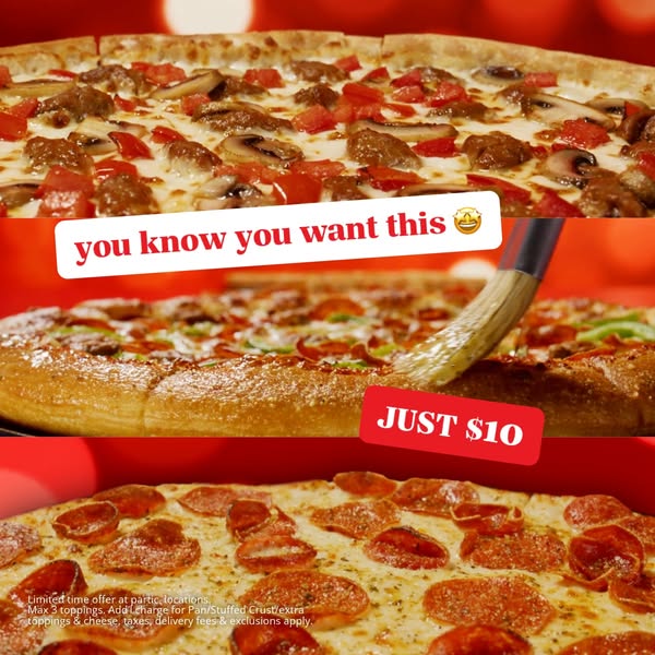 An image ad for pizza with a lighthearted offer of a pizza for $10.