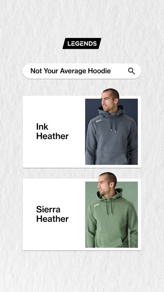 This ad showcases two color variations of a hoodie from Legends, presented in a clean, search-like interface to highligh