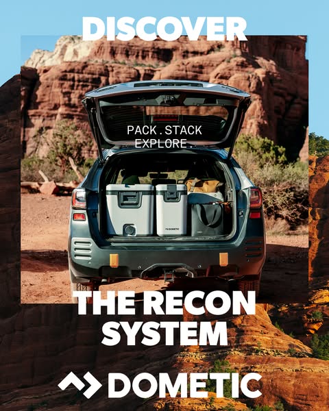 This ad showcases the Dometic Recon System, emphasizing its packability, stackability, and suitability for outdoor explo
