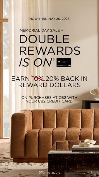 This static image ad promotes a Memorial Day Sale from CB2, offering double rewards for CB2 credit card holders.