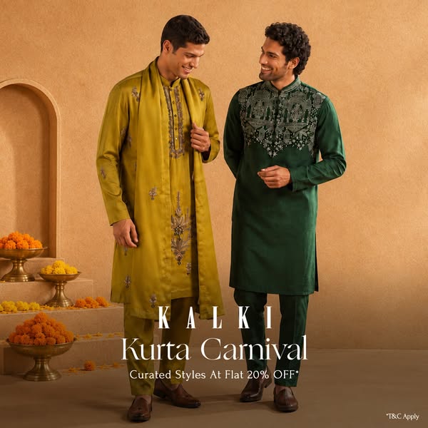 This image ad for Kalki Fashion features two men wearing traditional Indian kurtas. The ad promotes a 'Kurta Carniva