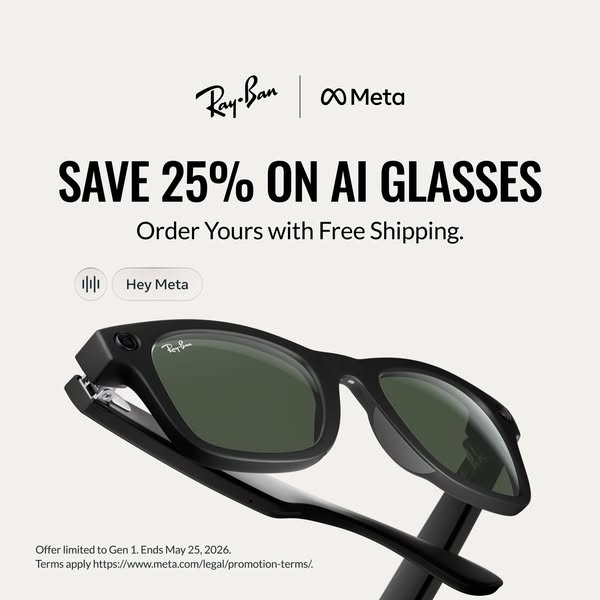 This ad promotes Ray-Ban Meta AI glasses, highlighting a 25% discount and free shipping. The glasses are presented again