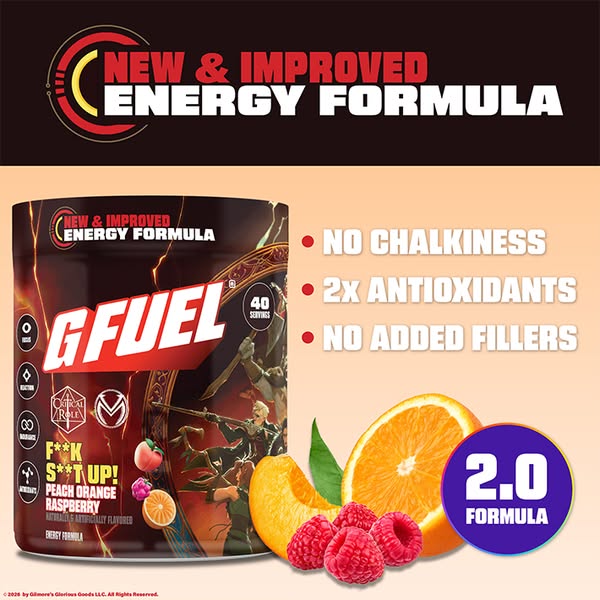 This ad promotes a new and improved energy formula from G Fuel. It highlights key benefits such as no chalkiness, 2x ant