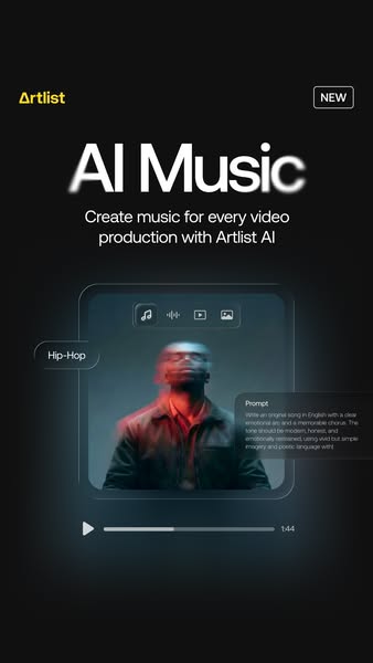 The ad presents Artlist's AI music generation tool, showing how it can be used to create music for video projects by