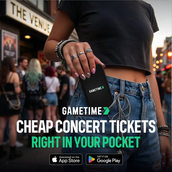 This image ad promotes Gametime, an app for purchasing concert tickets. It uses the image of a concertgoer with the Game