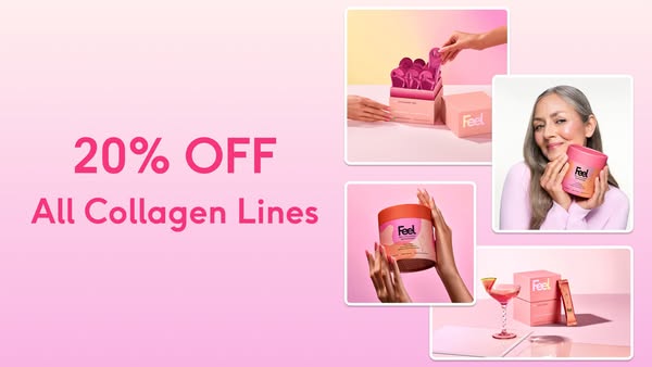 This ad for Feel promotes a 20% off sale on all collagen lines. The ad features a pink color scheme and several images o
