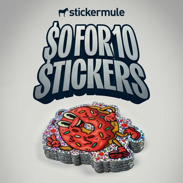 An image ad from Sticker Mule advertises a deal of 50 stickers for $10. The ad features a stack of die-cut stickers with