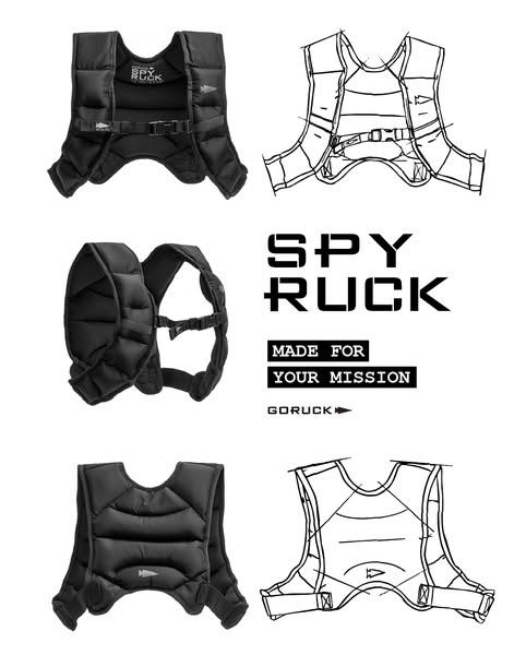 This ad showcases the GORUCK SPY RUCK. The image features three views of the weighted vest next to an illustration of th