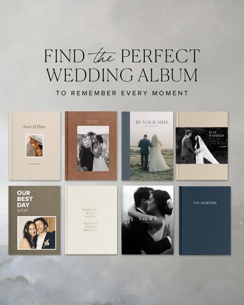 Ad for wedding photo albums displaying 8 different album cover designs with various wedding photos and names.