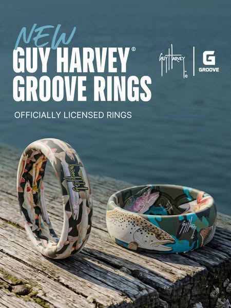 An image promoting the new officially licensed Guy Harvey Groove Rings. The rings are displayed on a wooden surface with