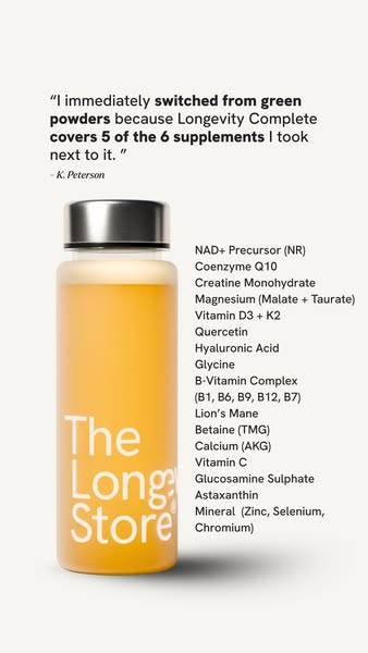 This image ad features a bottle of The Long Store's Longevity Complete supplement drink. It highlights the drink'