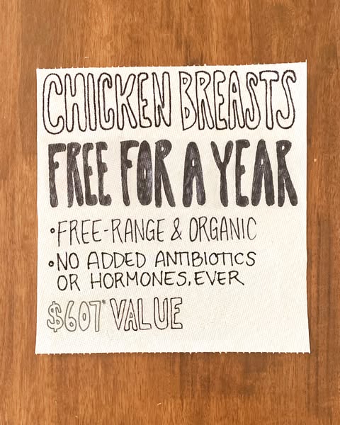 This image ad promotes chicken breasts that are free for a year. The ad highlights that the chicken is free-range, organ