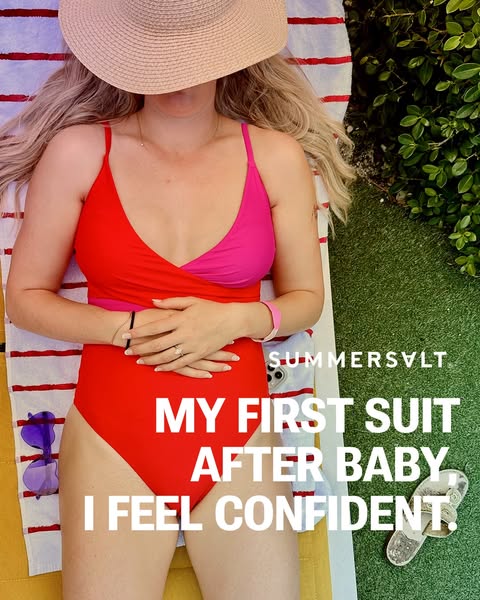 An overhead shot features a woman in a colorful swimsuit lying on a striped towel next to her sandals and sunglasses. Sh