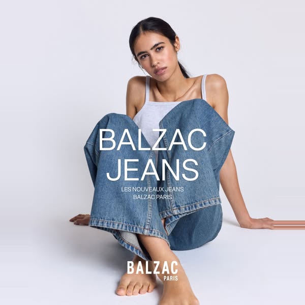 This ad features a woman sitting in a relaxed pose on a white background, showcasing Balzac Jeans. The focus is on the j