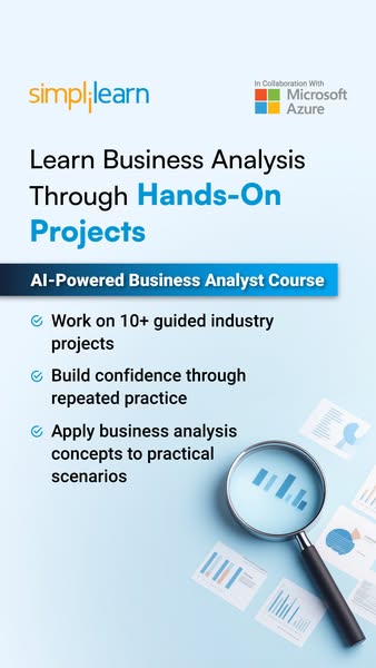 This ad promotes Simplilearn's AI-Powered Business Analyst Course, highlighting hands-on learning through industry p