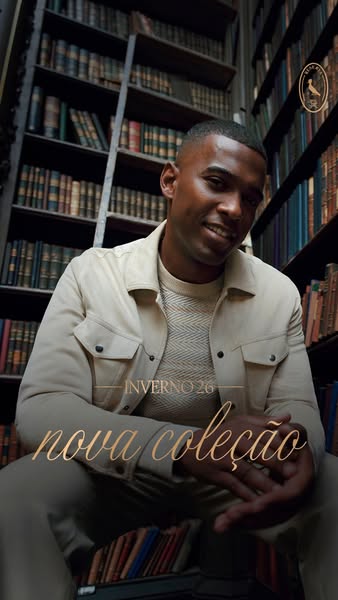 This ad promotes a brand's new clothing collection. It features a man sitting in a library and wearing clothing from