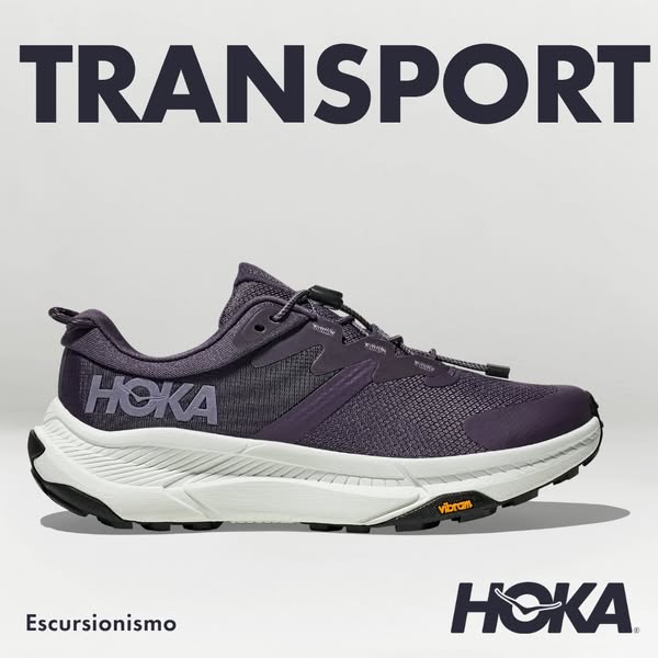 This ad showcases Hoka's Transport shoe. The ad focuses on the aesthetic of the shoe.