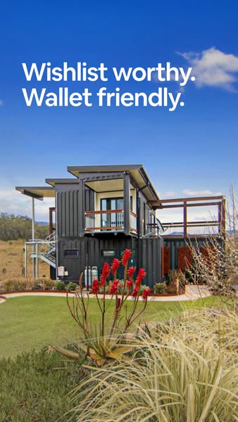 This image ad showcases a modern container home, emphasizing its affordability and desirability. The design and construc