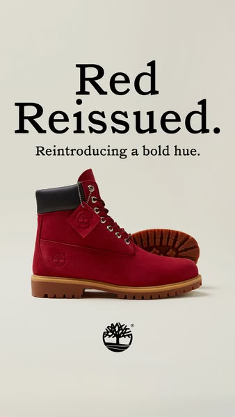 This ad features a red-colored Timberland boot on a solid background. The text overlay reads "Red Reissued. Reintro