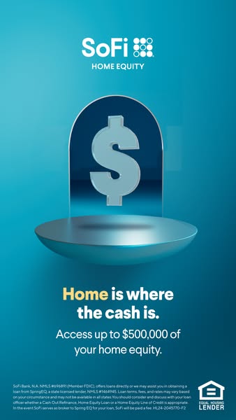 This ad for SoFi promotes their home equity loan product. The ad features a visual of a dollar sign inside of a home-sha