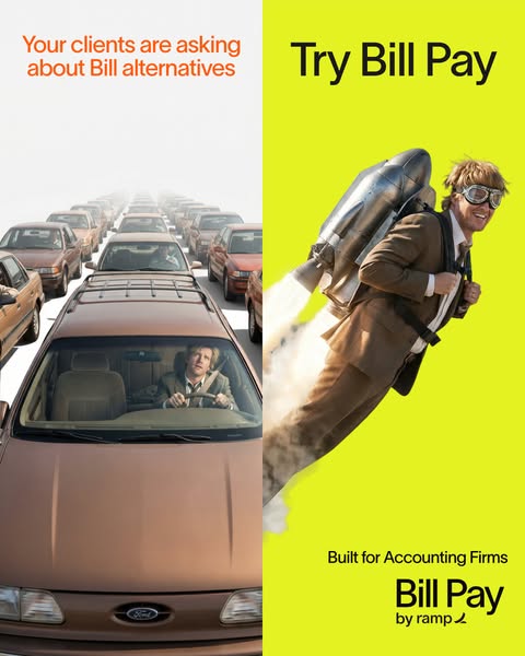 This ad compares a traffic jam with Bill alternatives with a man with a jet pack for Bill Pay.