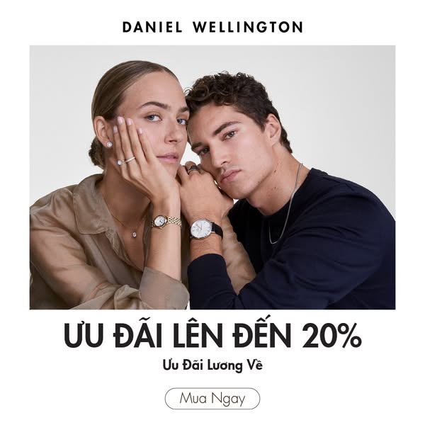 This image ad promotes Daniel Wellington products. The ad features a photograph of a couple wearing Daniel Wellington wa