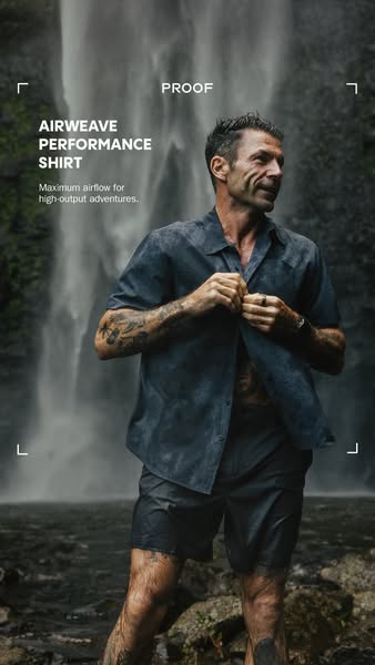 This ad showcases the Proof Airweave Performance Shirt. The advertisement highlights its maximum airflow design, perfect