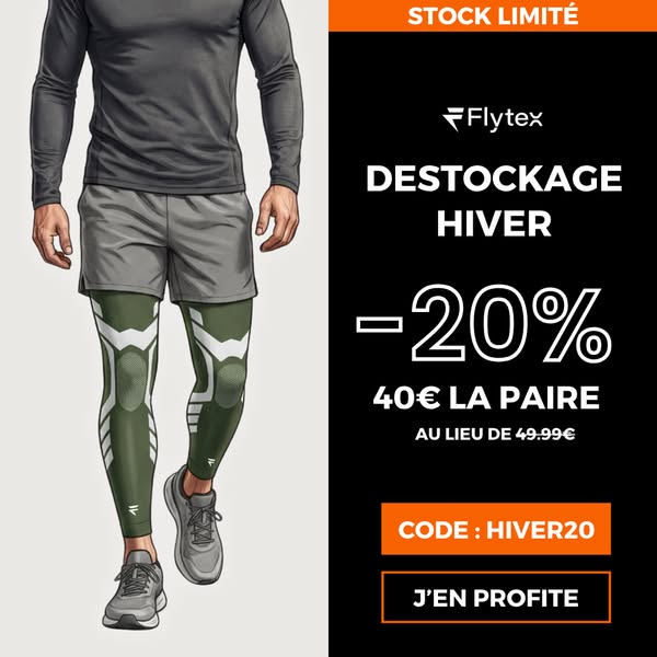 The ad features a person wearing Flytex winter running leggings. The ad offers a 20% discount on the leggings, which are