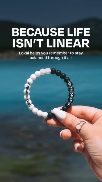 This ad features a Lokai bracelet against a blurred background of a body of water. The ad copy emphasizes balance and st