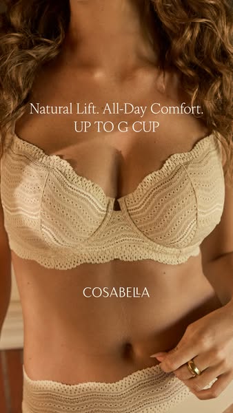 This Cosabella image ad showcases a lacy bra and panty set on a woman, emphasizing natural lift, all-day comfort, and si