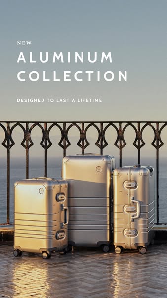 This ad showcases a new aluminum luggage collection, emphasizing its durability and timeless design. The visual presenta