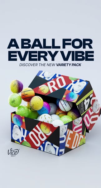 This ad is for VICE Golf and features their new variety pack of golf balls. The ad shows an open box of golf balls with 