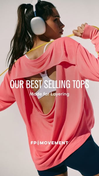 This ad for FP Movement features a person wearing a pink FP Movement top. The text indicates that these tops are the bra