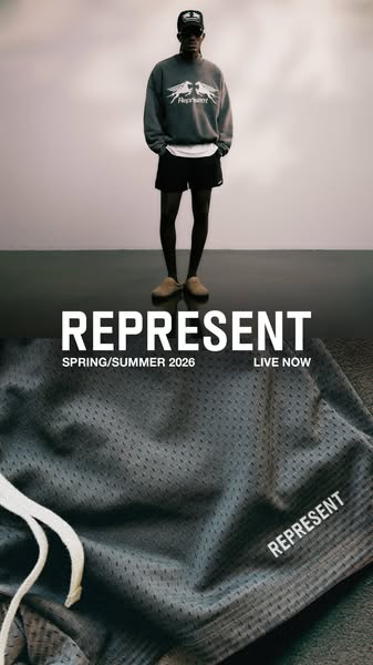 An image ad showcases a model wearing a sweatshirt and shorts from Represent's Spring/Summer 2026 collection.