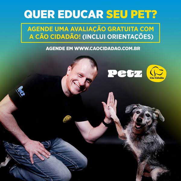 This ad is for Cão Cidadão, a pet training service. The ad features a man and a dog giving each other a high five, with 