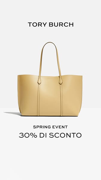 A minimalist ad for Tory Burch features a tan leather tote bag set against a pale backdrop. The ad highlights a spring e
