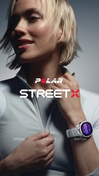 This ad for the Polar Street X watch features a white woman in athletic apparel, highlighting the watch's versatilit