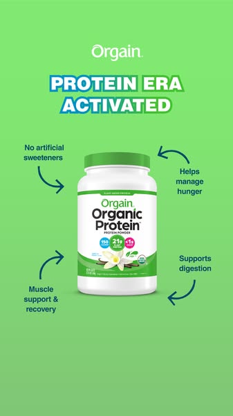 This ad promotes Orgain Organic Protein powder. The ad highlights the product's key features, such as no artificial 