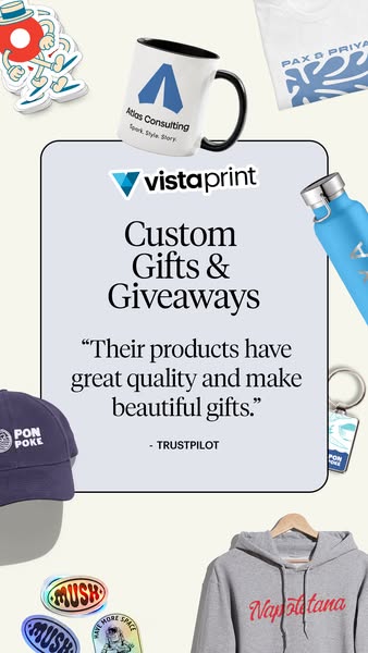 This ad is for Vistaprint, a company that produces custom gifts and giveaways. The ad features a variety of products tha