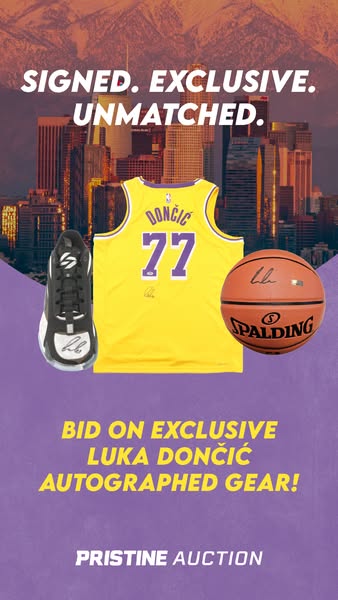 This ad features a basketball shoe, jersey and basketball with Luka Dončić's signature in order to promote an auctio