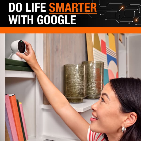This ad promotes Google's smart home security camera. It features a woman placing the camera on a shelf, highlightin